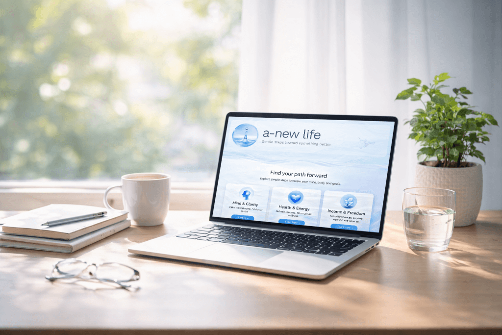 Home-office with a open laptop browsing a-newlife homepage